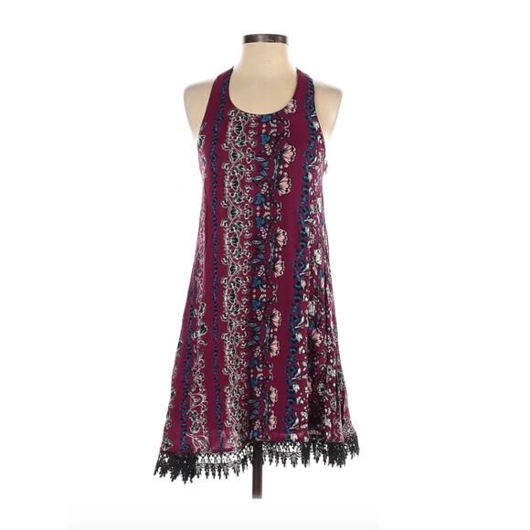 Alya Burgundy Floral Print Dress Lace Accents S - Picture 1 of 7
